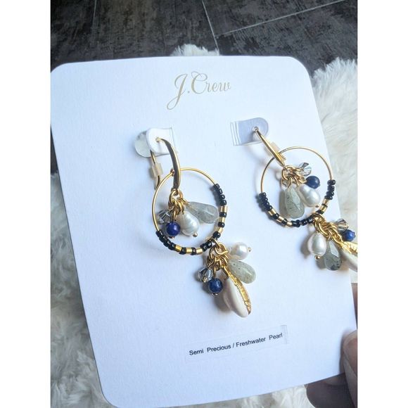 J. CREW Semi Precious Mixed Stone Beaded Freshwater Pearl Dangle Earrings - Picture 3 of 3